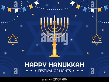 Happy Hanukkah Jewish Holiday Template Handgezeichnete Cartoon flache Illustration mit Menorah, Sufganiyot, Dreidel und traditionellen Symbolen Stockfoto