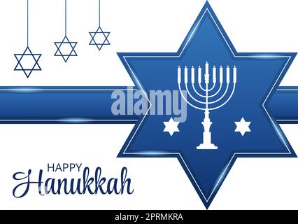 Happy Hanukkah Jewish Holiday Template Handgezeichnete Cartoon flache Illustration mit Menorah, Sufganiyot, Dreidel und traditionellen Symbolen Stockfoto
