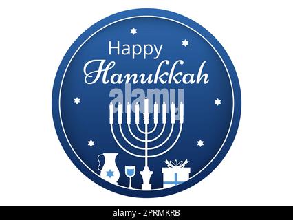 Happy Hanukkah Jewish Holiday Template Handgezeichnete Cartoon flache Illustration mit Menorah, Sufganiyot, Dreidel und traditionellen Symbolen Stockfoto