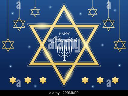 Happy Hanukkah Jewish Holiday Template Handgezeichnete Cartoon flache Illustration mit Menorah, Sufganiyot, Dreidel und traditionellen Symbolen Stockfoto