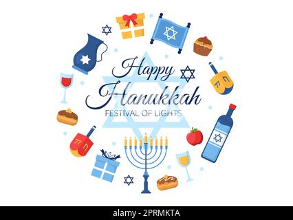 Happy Hanukkah Jewish Holiday Template Handgezeichnete Cartoon flache Illustration mit Menorah, Sufganiyot, Dreidel und traditionellen Symbolen Stockfoto