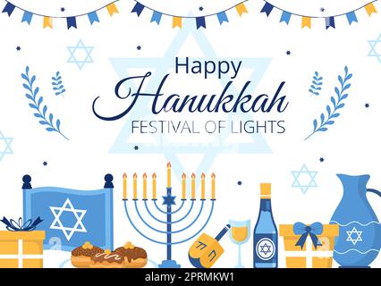 Happy Hanukkah Jewish Holiday Template Handgezeichnete Cartoon flache Illustration mit Menorah, Sufganiyot, Dreidel und traditionellen Symbolen Stockfoto
