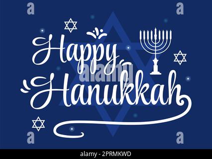 Happy Hanukkah Jewish Holiday Template Handgezeichnete Cartoon flache Illustration mit Menorah, Sufganiyot, Dreidel und traditionellen Symbolen Stockfoto
