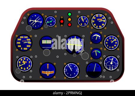 Control Panel eines Kampfflugzeugs aus dem Zweiten Weltkrieg mit Zifferblättern und Guages isoliert auf weißem Hintergrund Stockfoto