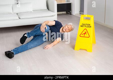 Sturzunfall Durch Rutschen. Bodenschild Achtung Stockfoto