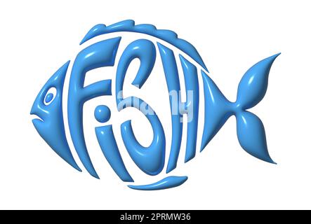 Text als Fisch stilisiert. Stilvolles Design für eine Marke, ein Label oder eine Werbung - 3D Bild Stockfoto