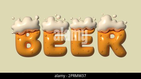 Text stilisiert als Biergetränk, Spritzer und Tropfen. Stilvolles Design für eine Marke, ein Label oder eine Werbung 3D Stockfoto