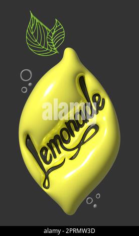 Text LIMONADE stilisiert als reife Zitrone. Stilvolles Design für eine Marke, ein Label oder eine Werbung - 3D Bild Stockfoto