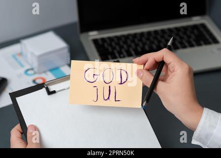 Schreiben mit Text God Jul, Word for Merry Christmas Grußwort für Neujahr frohe Feiertage Stockfoto