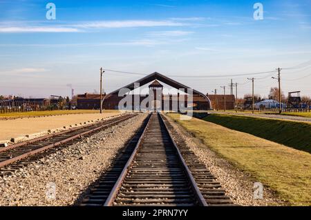 Ein Bild der Eisenbahn und des Haupttores von Auschwitz II - Birkenau. Stockfoto