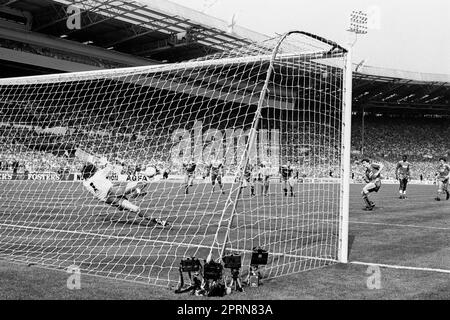 Aktenfoto vom 14.-05-1988 von Wimbledon Torwart Dave Beasant. Wimbledons Dave Beasant war der erste Mann, der im FA-Cup-Finale 1988 einen Elfmeter gespart hat. Er hat Liverpools John Aldridge von der Stelle abgestritten, und die Dons gewannen das Spiel 1-0. Ausgabedatum: Donnerstag, 27. April 2023. Stockfoto