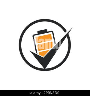 Design-Vorlage für Vektorlogo mit Batterieprüfzeichen. Vektordarstellung der Symbolvorlage für das Akku-Logo der Checkliste. Stock Vektor