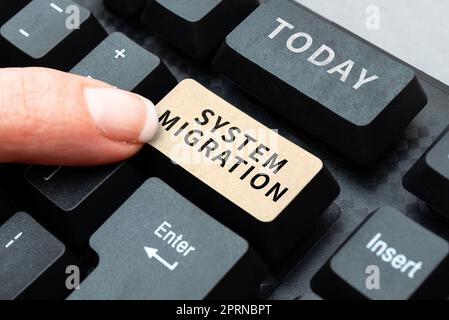 Schild, das Systemmigration, Wort auf Gruppe von potenziellen Kunden geschrieben, die das Produkt Computertastatur und Symbol kaufen wird.Informationen Medi Stockfoto