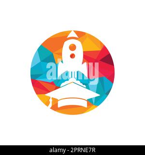 Graduierungskappe mit Raketenvektor-Logo. Logovorlage für Rocket Learning-Vektor. Stock Vektor