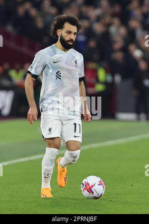 Mohamed Salah von Liverpool während des Fußballspiels der englischen Premier League zwischen West Ham United und Liverpool am 26. April im Londoner Stadion Stockfoto