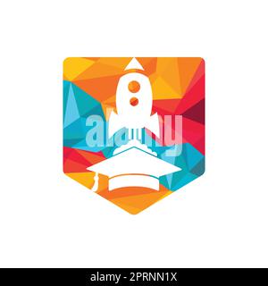 Graduierungskappe mit Raketenvektor-Logo. Logovorlage für Rocket Learning-Vektor. Stock Vektor
