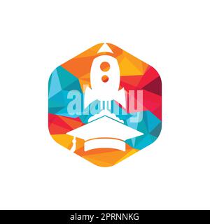 Graduierungskappe mit Raketenvektor-Logo. Logovorlage für Rocket Learning-Vektor. Stock Vektor