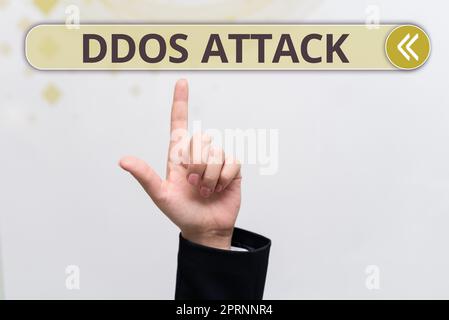 Hand schreiben Zeichen DDoS Attack, Word für Täter versucht, Netzwerk-Ressource nicht verfügbar zu machen Stockfoto