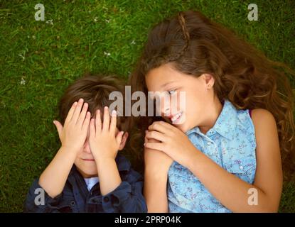 Brüder und Schwestern bilden die besten Spielkameraden. High-Angle-Aufnahme eines Jungen, der mit seiner Schwester draußen auf dem Rasen Peekaboo spielt. Stockfoto