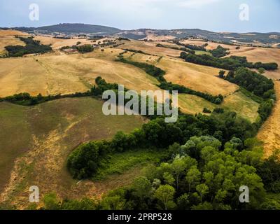 Val d'Orcia und Montepulciano von oben. Träume In Der Toskana. Stockfoto