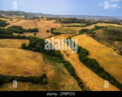 Val d'Orcia und Montepulciano von oben. Träume In Der Toskana. Stockfoto