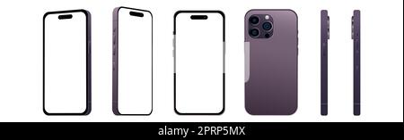 Set von 6 verschiedenen Winkeln, Purple Smartphone 14 pro Modelle, neue IT-Industrie, Mockup für Web-Design auf weißem Hintergrund - Vektor-Illustration Stockfoto