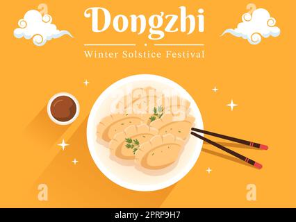 Dongzhi oder Winter Solstice Festival Vorlage Handgezeichnete Cartoon flache Illustration mit Familie genießen chinesisches Essen Tangyuan und Jiaozi Konzept Stockfoto