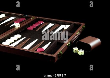 Backgammon-Spiel isoliert auf einem schwarzen Tisch Stockfoto