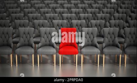 Roter Stuhl ragt zwischen Reihen von grauen Stoffstühlen hervor. 3D Abbildung. Stockfoto