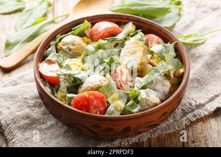 Rustikaler Salat aus gekochten Eiern, Kartoffeln, Tomaten und frischen Kräutern, gewürzt mit Joghurt, in einer Schüssel auf einem Holztisch. Horizontal Stockfoto