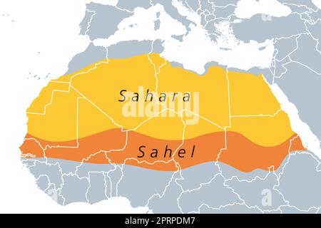 Die Sahara und die Sahelzone, politische Karte. Die größte heiße Wüste der Welt, die den größten Teil Nordafrikas ausmacht, und ein ökoklimatisches und biogeografisches Reich. Stockfoto