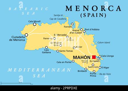 Menorca, oder Minorca, politische Karte, mit Hauptstadt Mahon oder Port Mahon, offizieller Mao. Insel der autonomen Gemeinschaft Balearen. Stockfoto