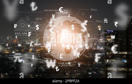 Global Finance Technology: Devisenwechsel, Geldtransaktion oder Bewegung, Fintech, Kryptowährung, elektronisches Geld, bargeldlose Zahlungen, Und modern Stockfoto
