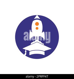 Graduierungskappe mit Raketenvektor-Logo. Logovorlage für Rocket Learning-Vektor. Stock Vektor