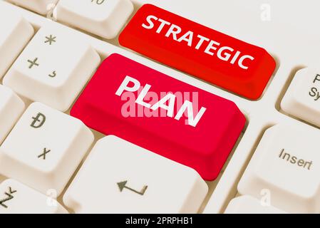 Schild mit strategischem Plan, Geschäftsidee die Führung und Geschäftskommando Coaching Competition Typing Programm Zeitplan, Neueingabe und Debugging Stockfoto
