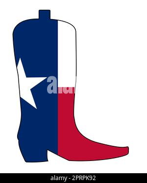 Die texanische statel-Flagge, die in einen typischen Cowboy-Boot-Umriss gesetzt wurde, ist isoliert von einem weißen Hintergrund Stockfoto