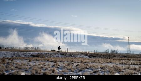 Ein Mann, der auf einer schneebedeckten Straße läuft, mit einem Energiepylon und Stromleitungen über uns. Twizel, Südinsel. Stockfoto