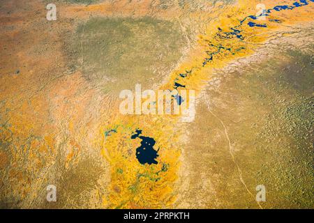 Bezirk Miory, Region Witebsk, Belarus. Der Yelnya-Sumpf. Berggebiete Und Übergangsmoore Mit Zahlreichen Seen. Blick Aus Der Vogelperspektive Auf Das Naturschutzgebiet Yelnya. Berühmtes Naturdenkmal Stockfoto