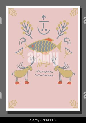 Poster für ein Kinderzimmer im nördlichen Stil. Skandinavischer Winterwald. Märchenwald. Hirsch.Weihnachten. Stockfoto