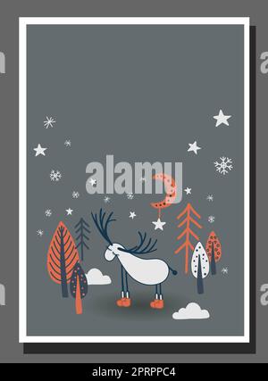 Poster für ein Kinderzimmer im nördlichen Stil. Skandinavischer Winterwald. Märchenwald. Hirsch.Weihnachten. Stockfoto