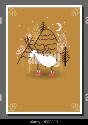 Poster für ein Kinderzimmer im nördlichen Stil. Skandinavischer Winterwald. Märchenwald. Hirsch.Weihnachten. Stockfoto
