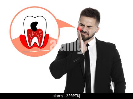 Mann mit akutem Zahnschmerz auf weißem Hintergrund Stockfoto