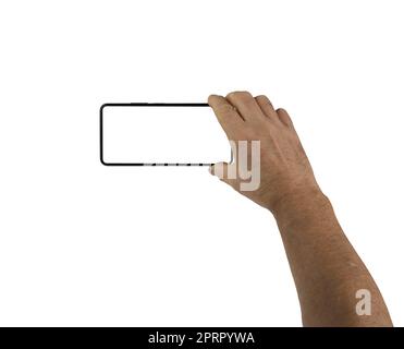 Ein Smartphone in der Hand der Männer auf transparentem Hintergrund Stockfoto