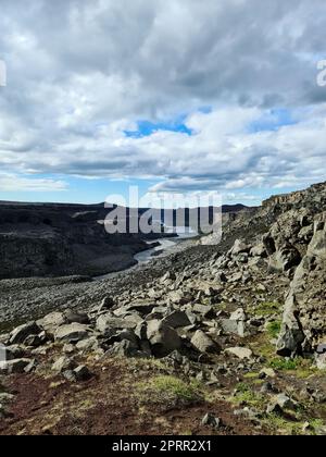 Fantastische Landschaft mit fließenden Flüssen und Bächen mit Felsen und Gras in Island. Stockfoto