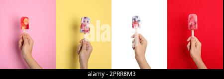 Collage mit Fotos von einer Frau, die Beereneis auf verschiedenfarbigem Hintergrund hält, Nahaufnahme. Bannerdesign Stockfoto