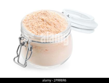 Glasgefäß mit Linsenmehl, auf weiß isoliert Stockfoto