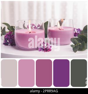 Farbpalette für das Foto brennender Kerzen in Glashaltern und Blumen auf einem weißen Tisch Stockfoto