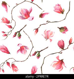 Blume Wasserfarben Nahtloses Muster. Handbemalter Hintergrund mit rosafarbener Magnolie. Blumenzeichnung für Textildesign oder Tapete. Stockfoto