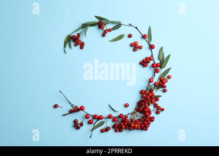 Rote Beeren und Blätter in Kranzform auf hellblauem Hintergrund, flach liegend mit Platz für Text. Herbstästhetik Stockfoto