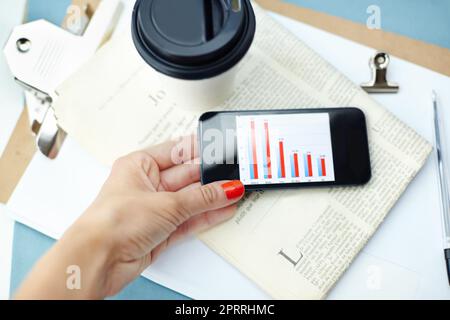 Unterwegs. Smartphone in der Hand mit Barkarte auf dem Bildschirm mit Einwegbecher, Stift, Binderclip, Zeitung und Zwischenablage. Stockfoto